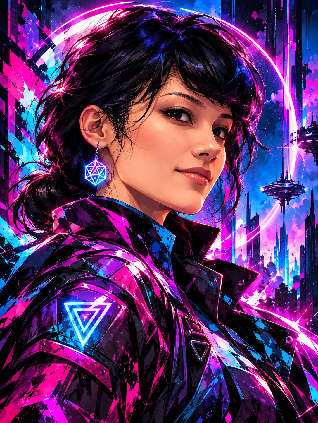Side profile of girl with neon outfit and background