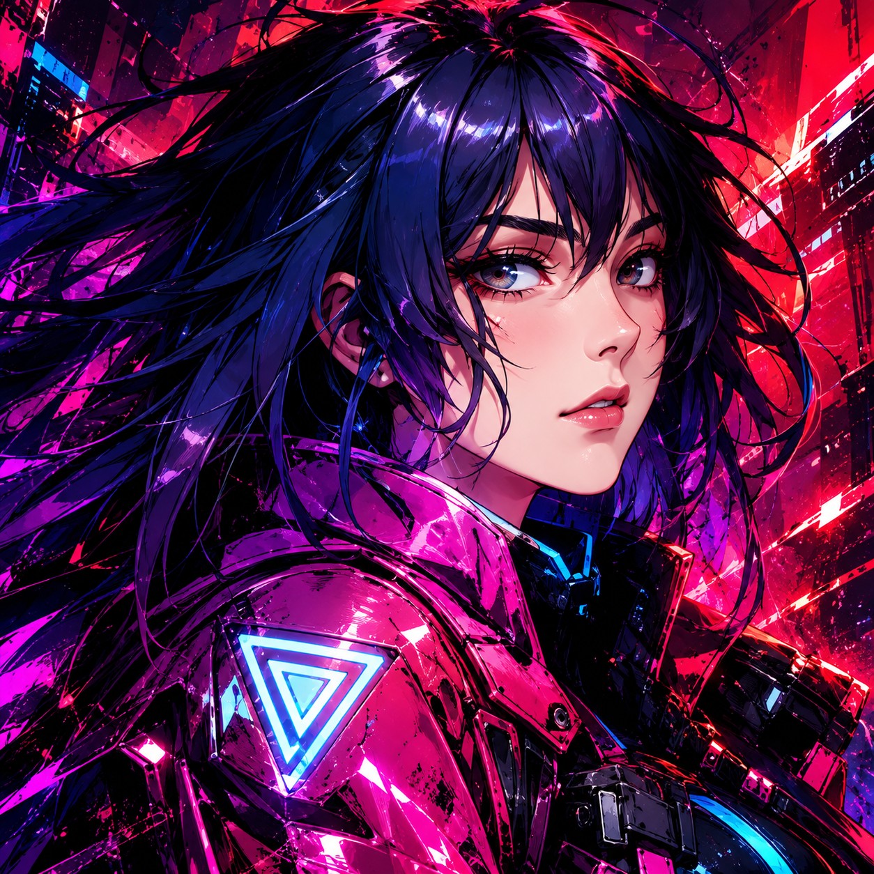 A dark-haired figure lit from one side in red and blue