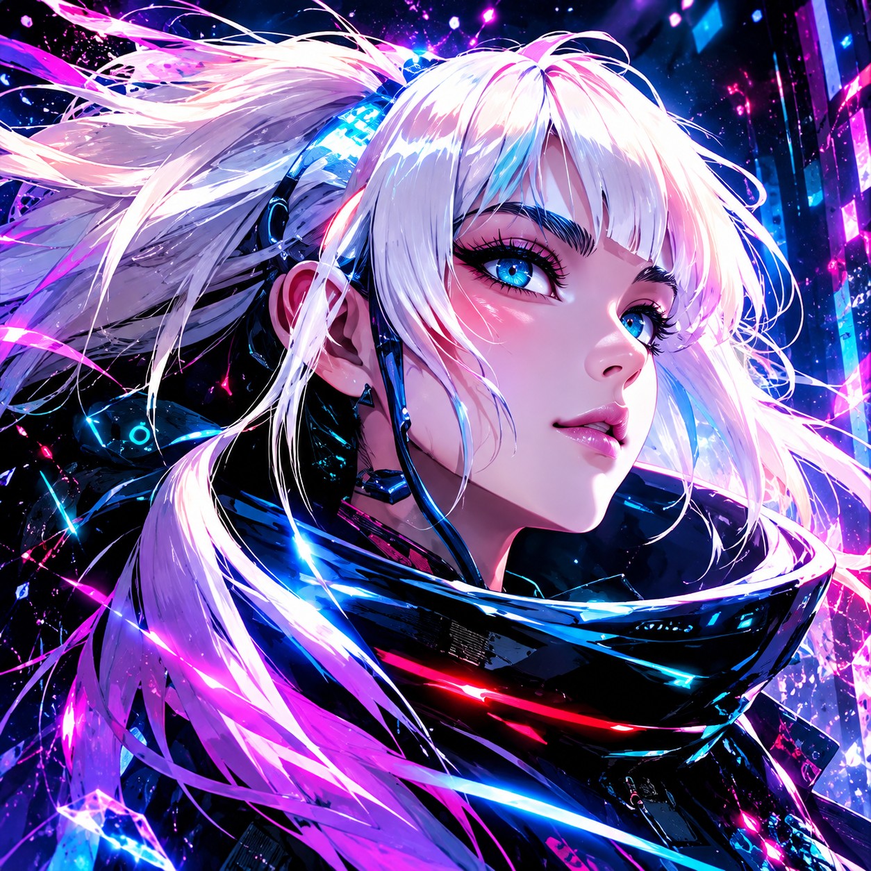 A white-haired figure in a high collar against cold blue light