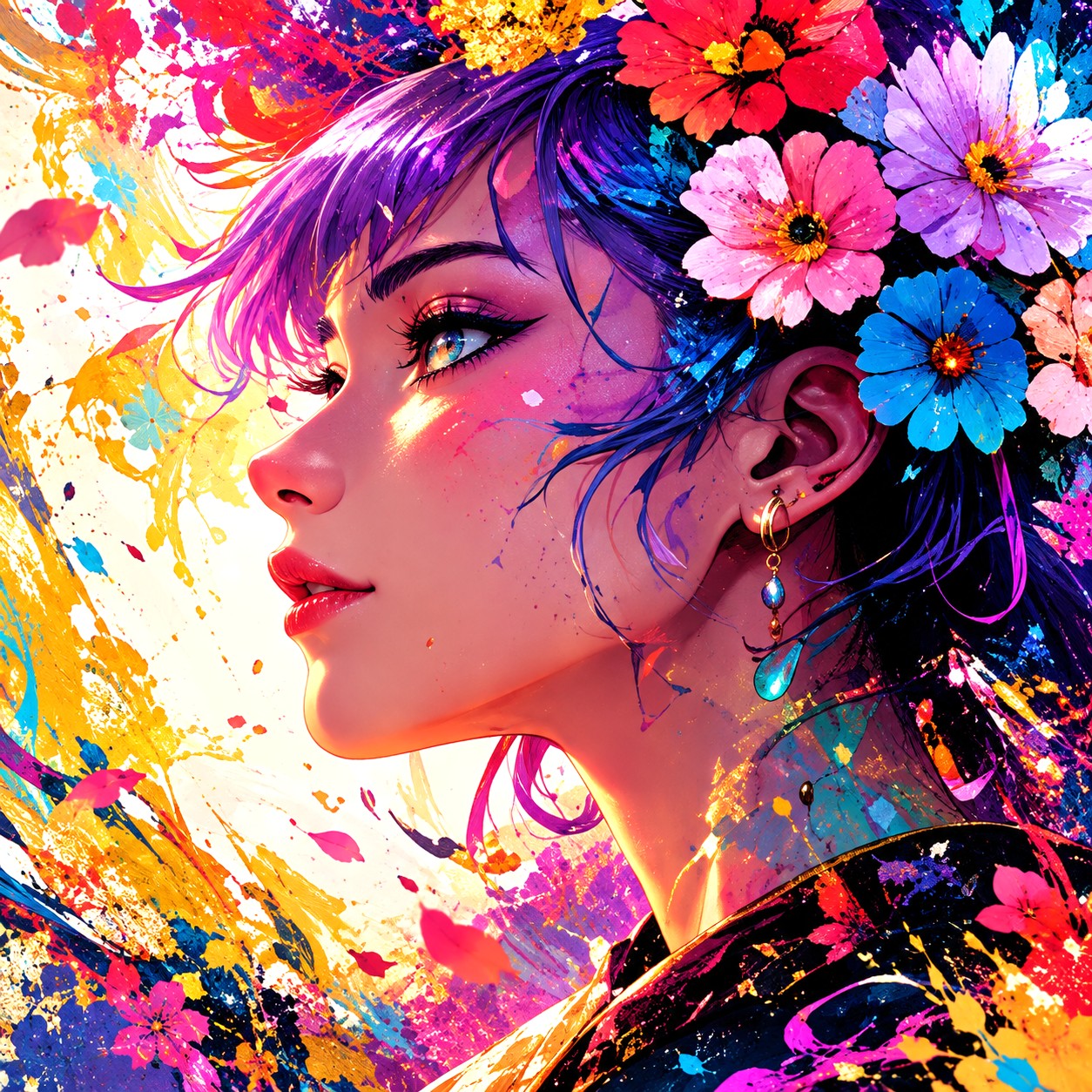 A painted profile wreathed in flowers and colour