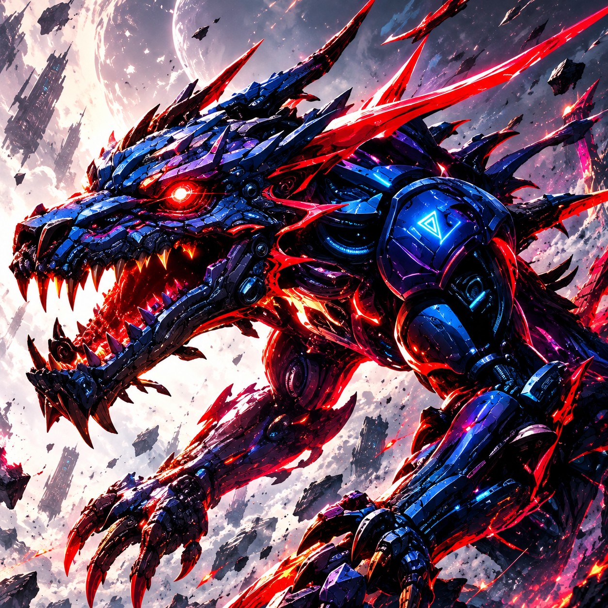 A plated dragon head rendered in dark metal and red light