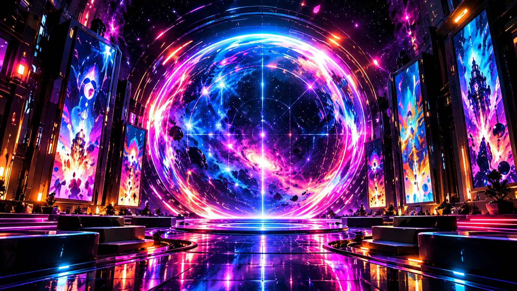 A curved wall of screens washed in magenta and cyan