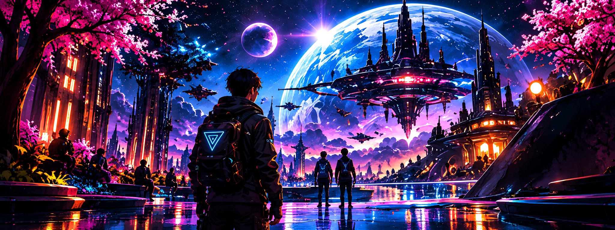 A visitor looking out over a lit city of spires beneath a ringed planet