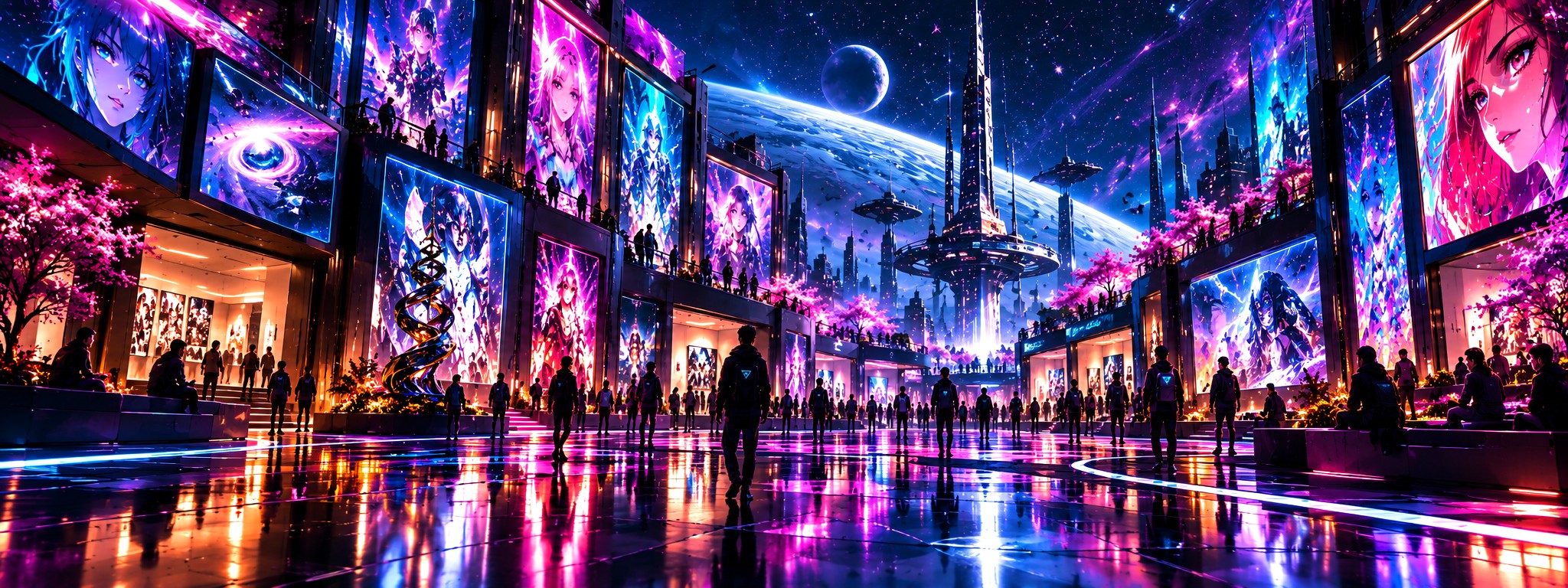 A boulevard of enormous screens showing student work, blossom trees and a planet low on the horizon behind them