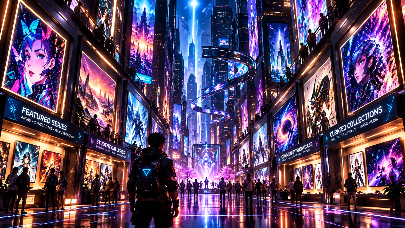 A long hall of framed works lit from above