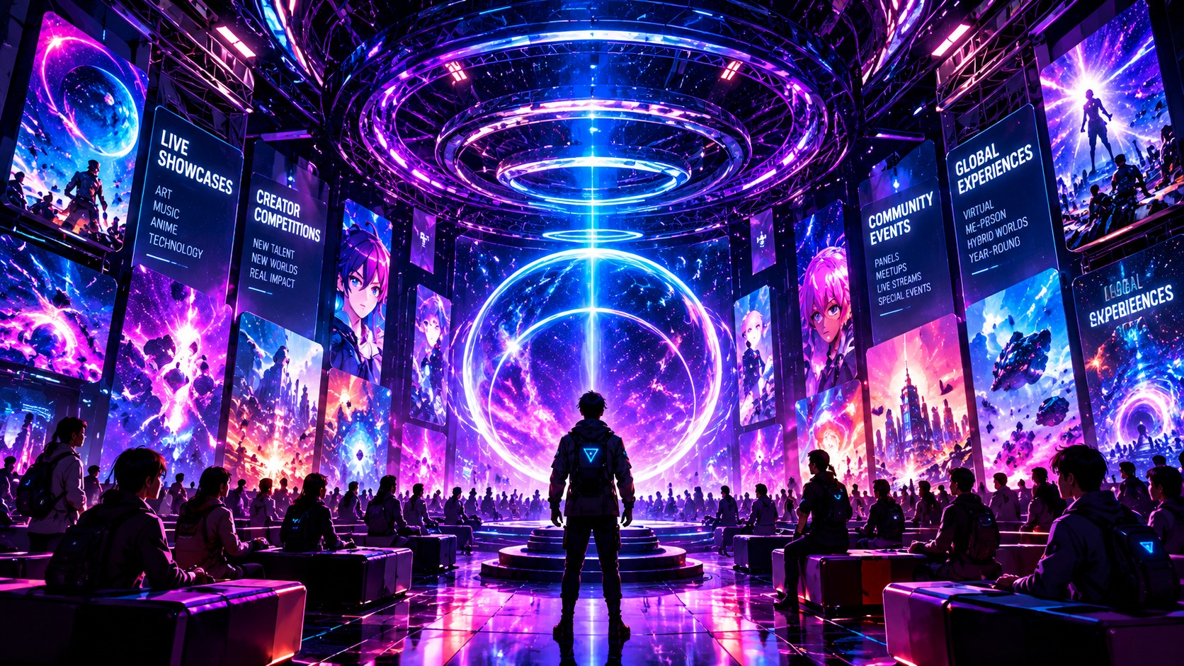 A crowd under a ring of stage light in a violet hall