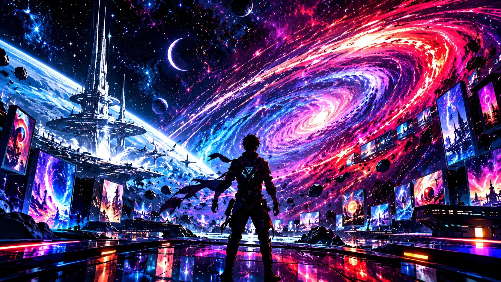 Two figures silhouetted against a swirling painted nebula