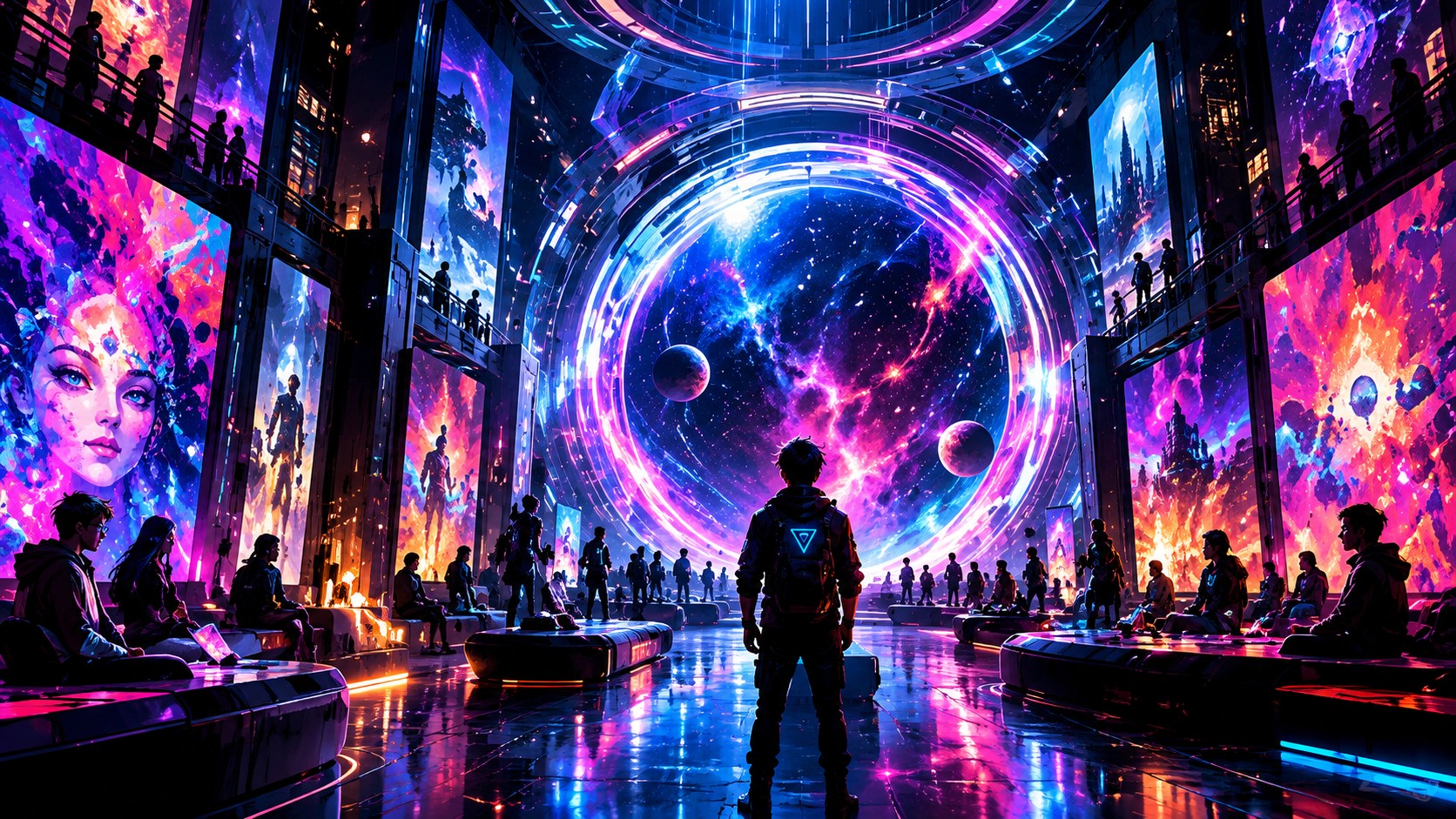 Visitors gathered before a circular portal of light in a gallery